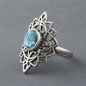 Artisan Filigree Blue Topaz Statement Ring | 925 Sterling Silver NWOT 5.5 #443